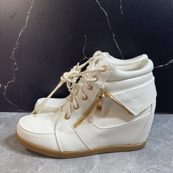 🤍 Girls White Leatherette Wedge Sneakers | Side Zip Lace-Up Hidden Heel Shoes - Picture 3 of 6